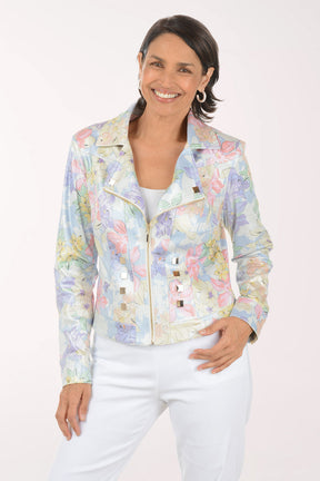 Woman wearing a pastel floral jacket on a white background