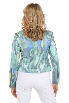 Woman wearing a colorful jacket with abstract patterns on a white background. Back shot.