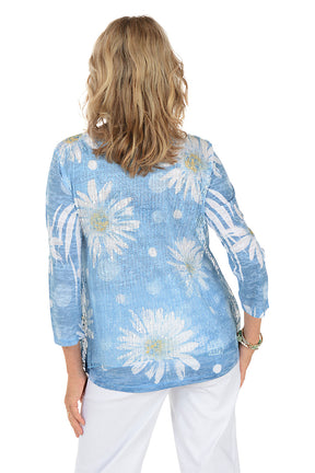 A woman wearing  a blue 3/4 sleeve shirt with a daisy pattern detail. Back shot.