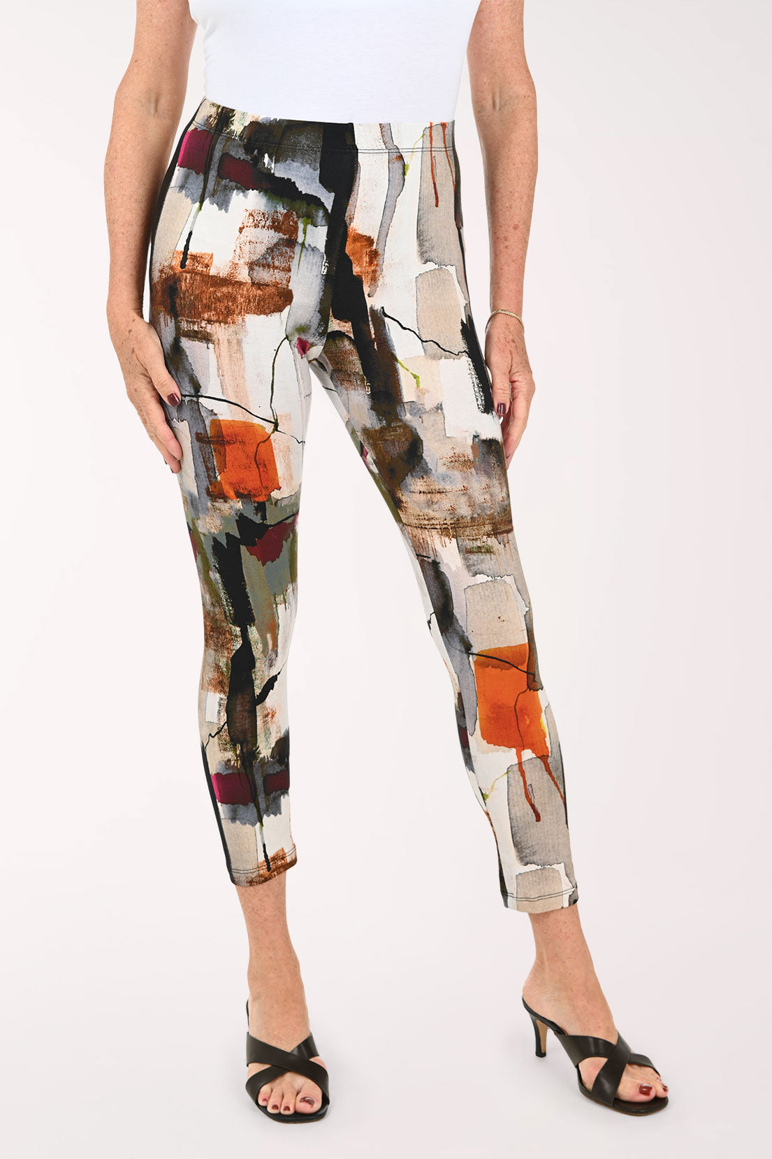 Woman wearing abstract printed leggings