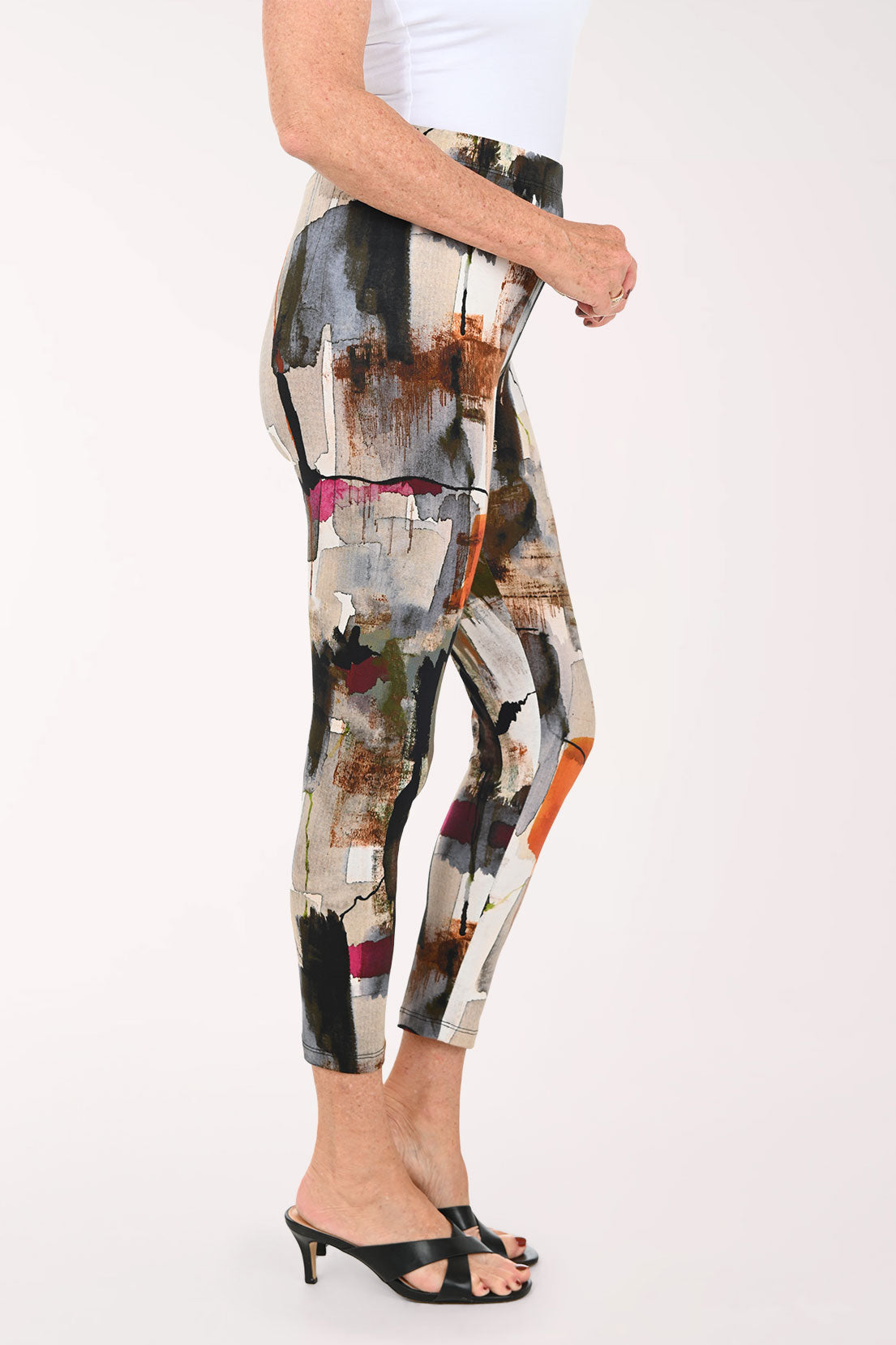 Woman wearing abstract printed leggings