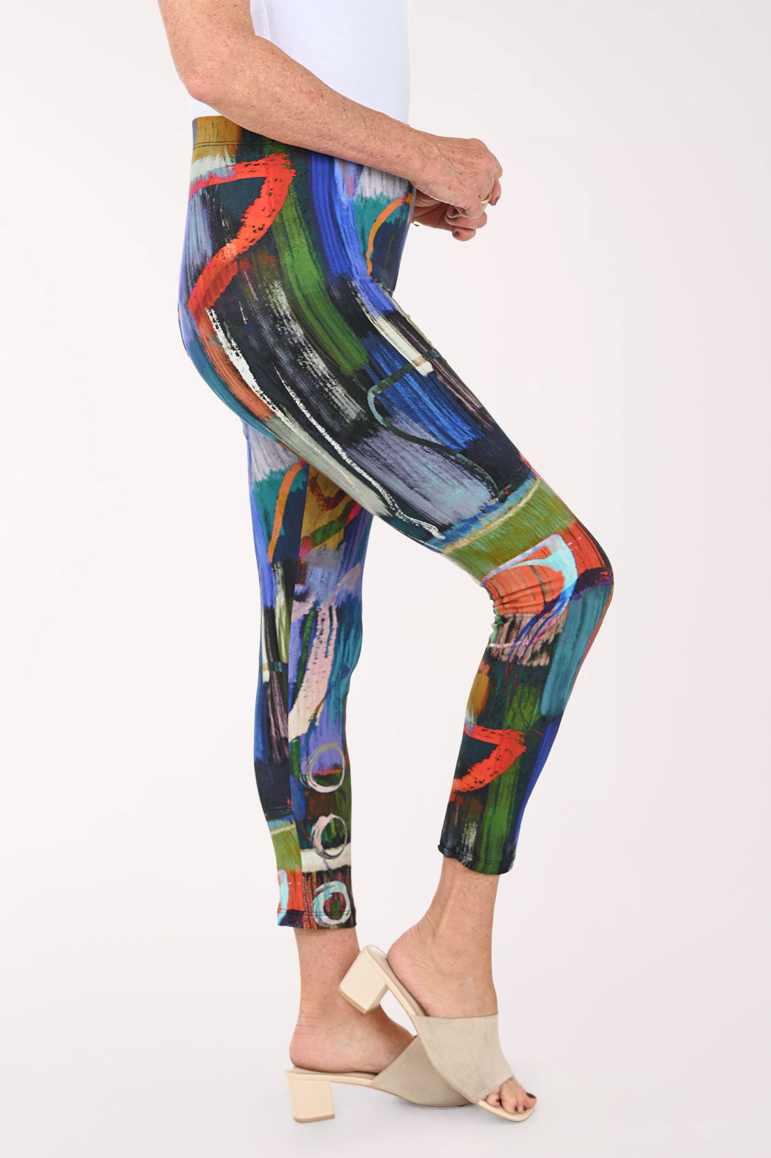 Woman wearing abstract printed leggings