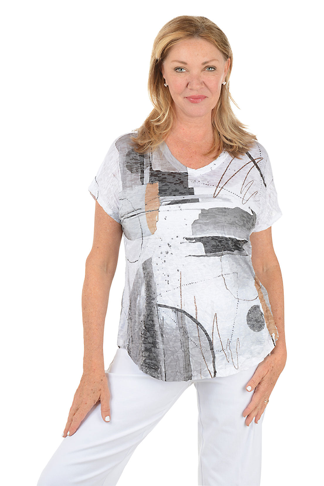 Woman wearing a white t-shirt with abstract black and gray design on a white background.