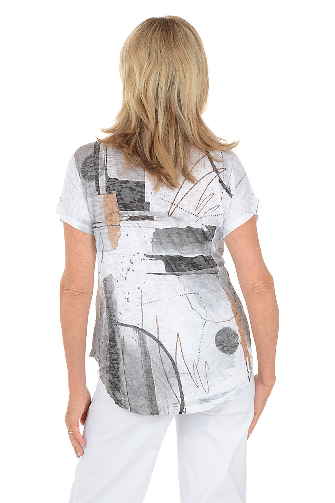 Woman wearing a white t-shirt with abstract black and gray design on a white background. Back shot.