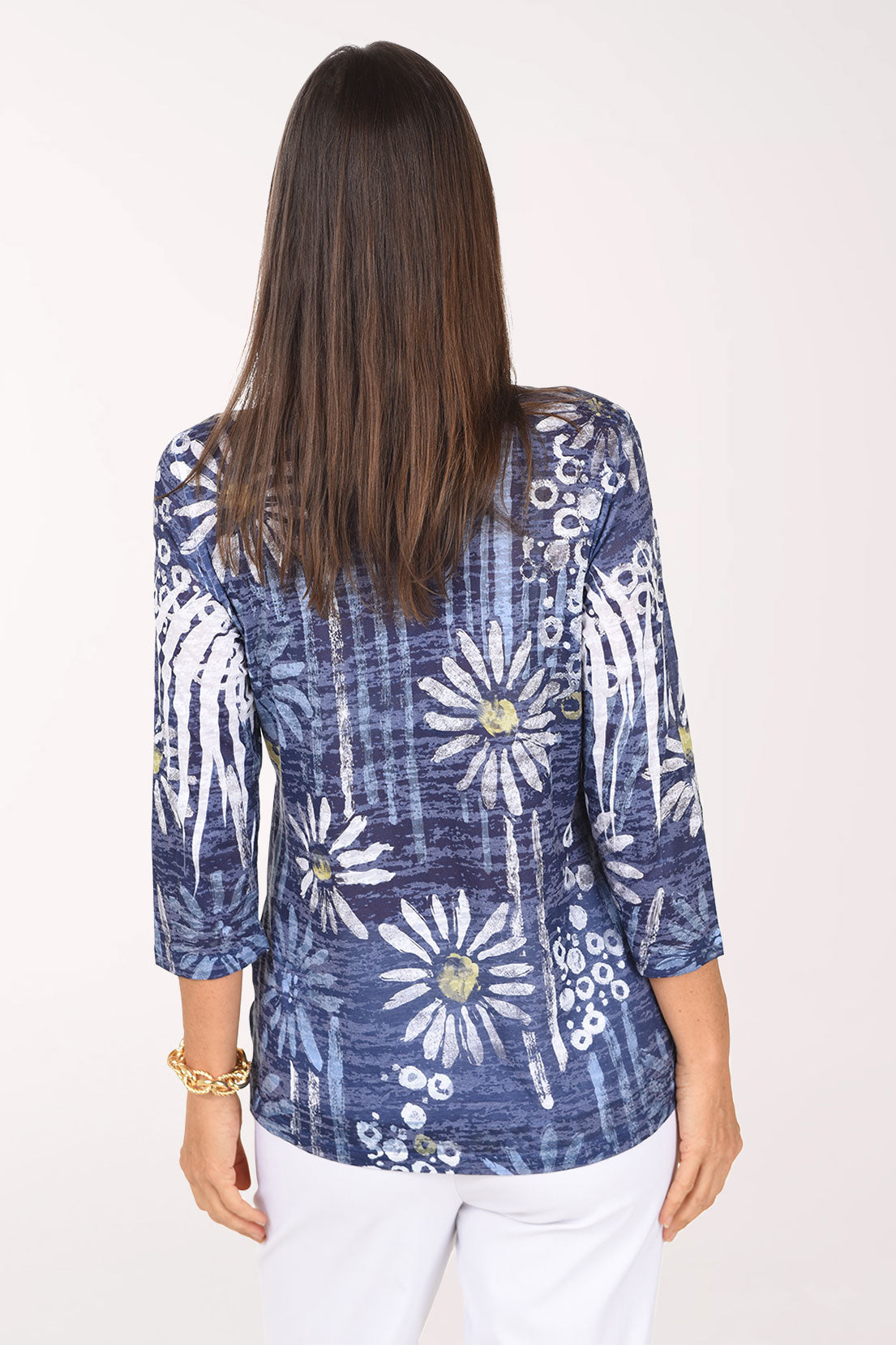 Back view of the Upsy Daisy Burnout High-Low Knit Top in navy and white