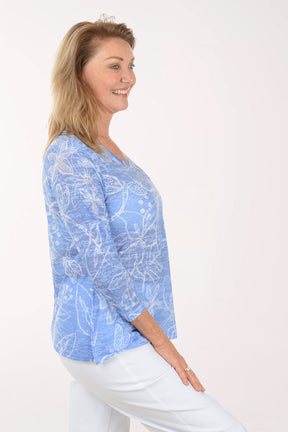 Woman wearing a blue patterned shirt on a white background