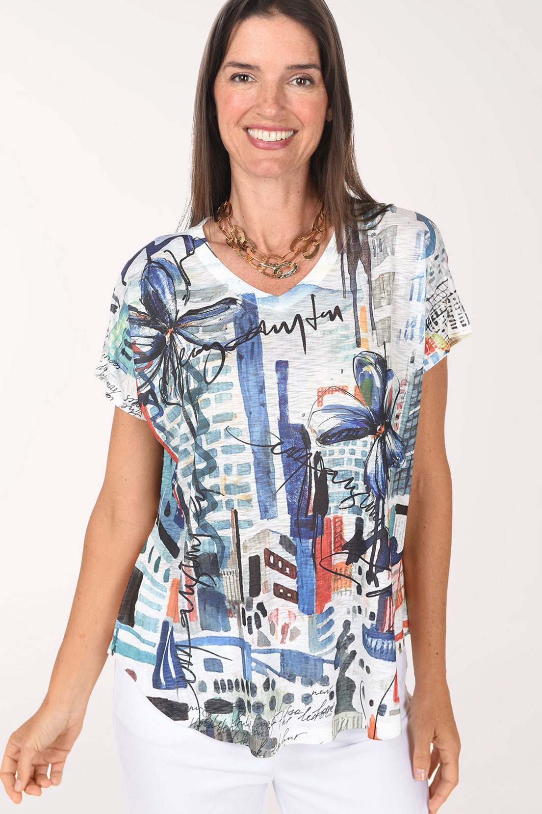 Front view of the Brooklyn Slub Knit Short Sleeve Top showing the V-neckline and dolman sleeves