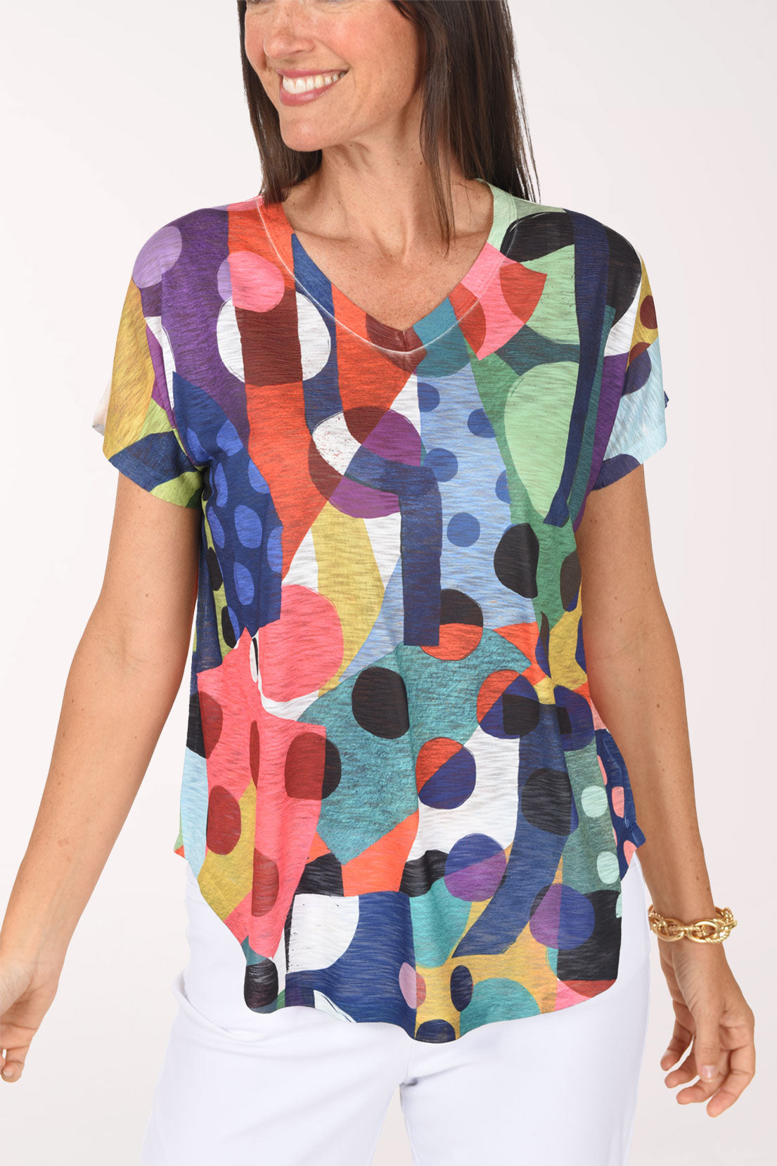 Close-up of the V-neckline and colorful dot print on the Dot Day Slub Knit Short Sleeve Top
