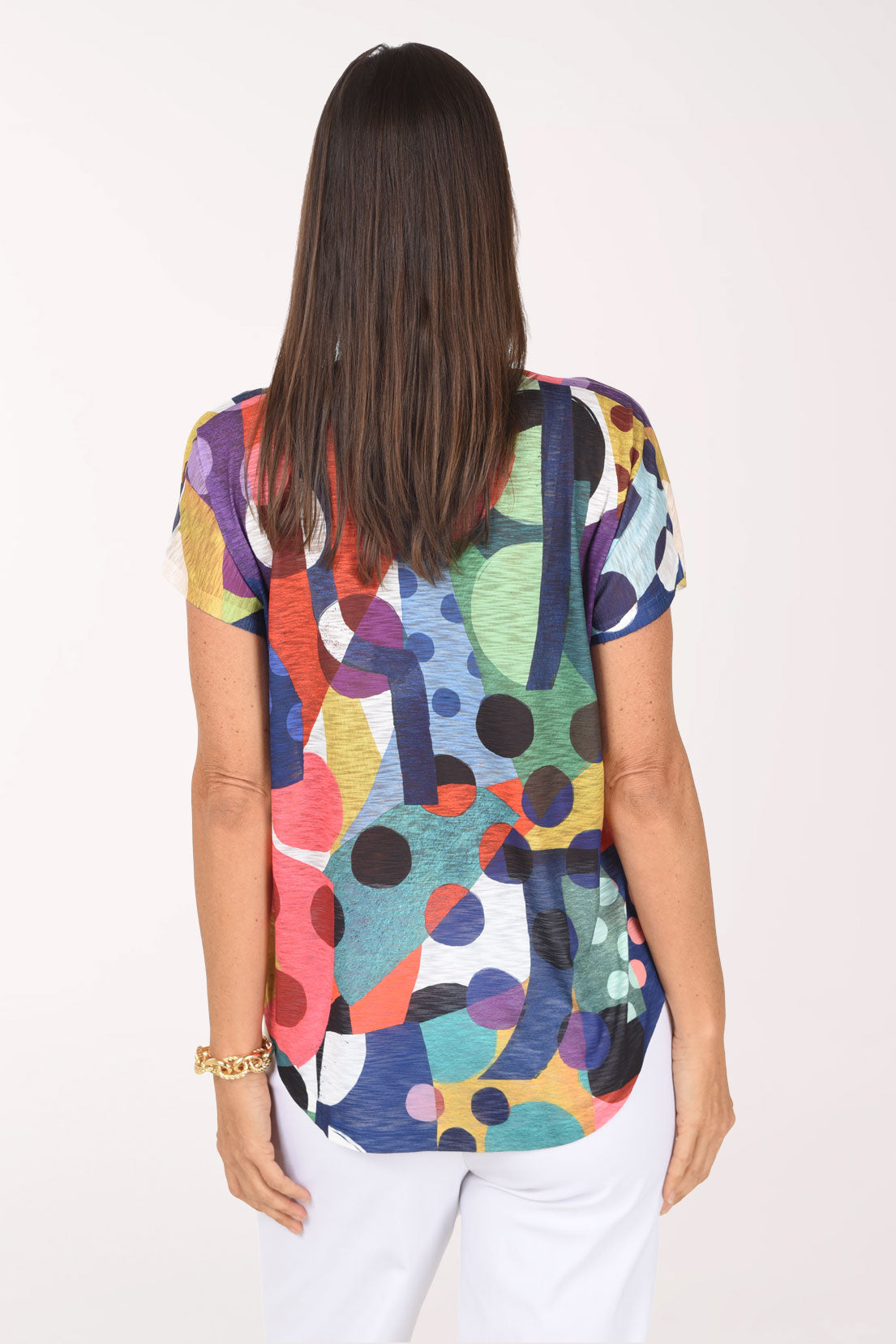 Back view of the Dot Day Slub Knit Short Sleeve Top in multicolor dot print