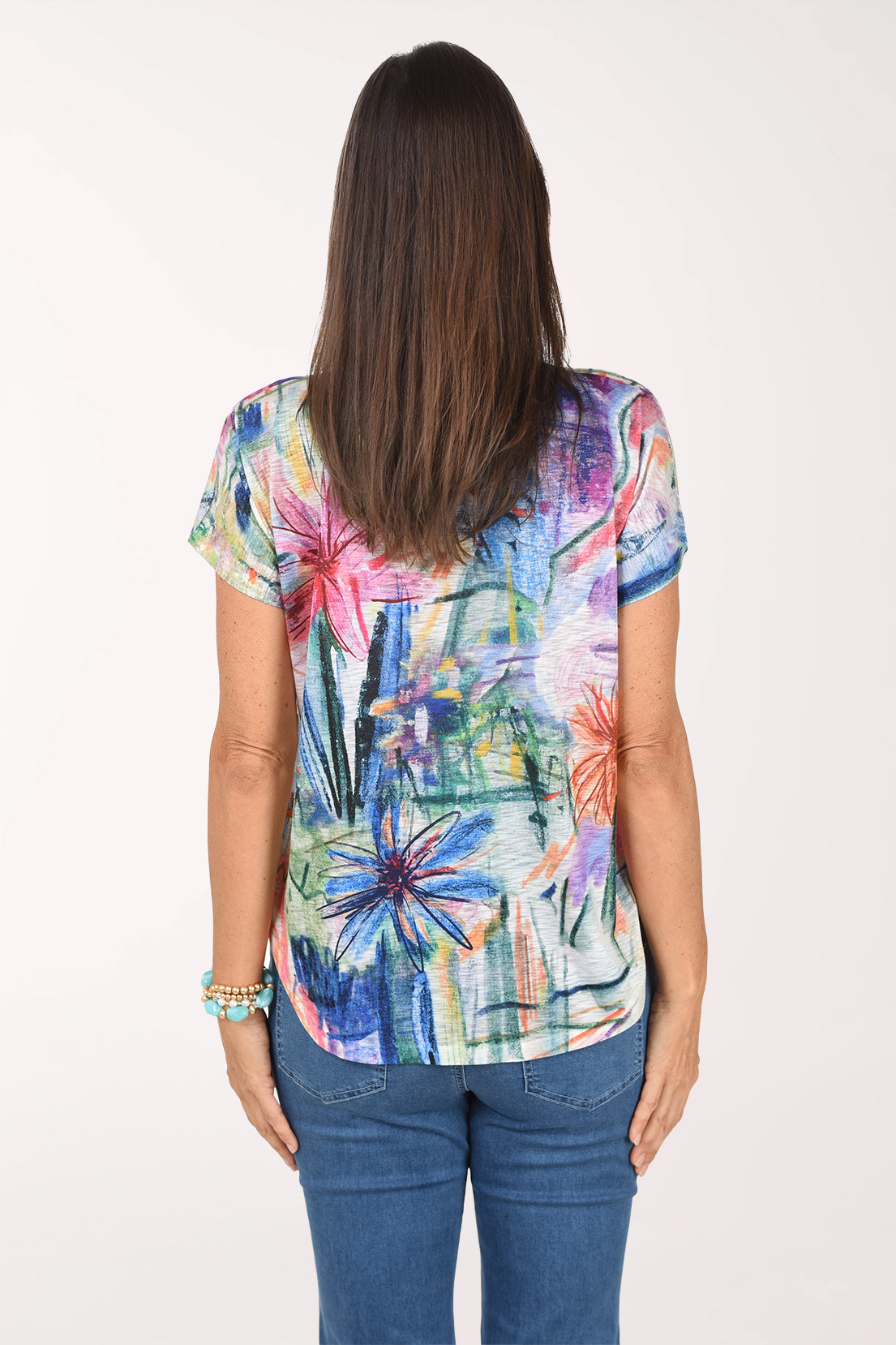 Back view of the Matisse Slub Knit Short Sleeve Top in multicolor painterly print