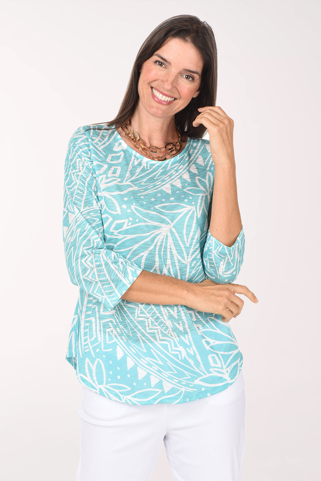 Close-up of the scoop neckline and aqua palm print on the Nautica Slub Knit 3/4 Sleeve Top