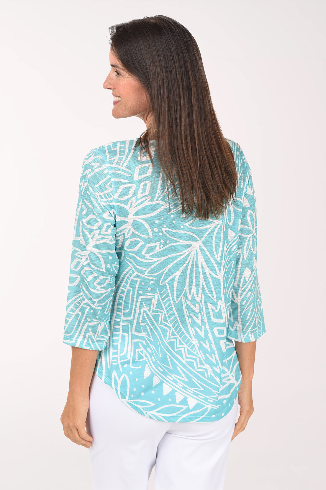 Back view of the Nautica Slub Knit 3/4 Sleeve Top in aqua and white