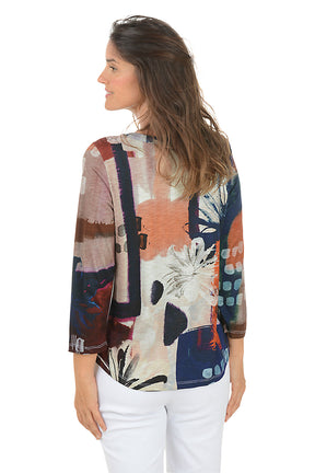 Woman wearing a colorful floral-patterned top on a white background. Back shot.
