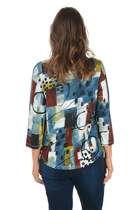 Woman wearing a colorful abstract patterned top on a white background. Back shot.