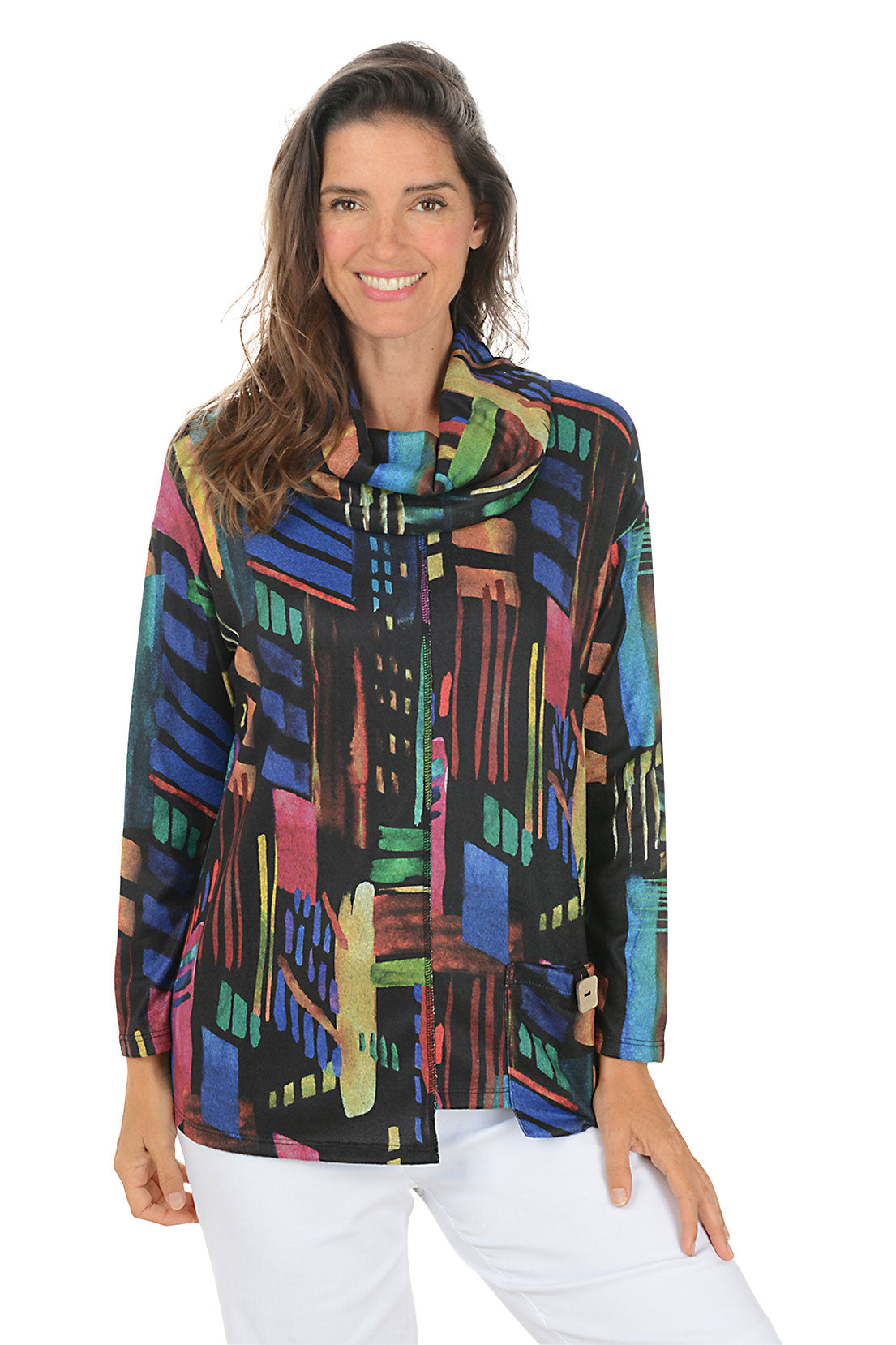 Woman wearing a colorful patterned top on a white background. Second front shot.