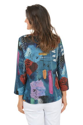 Woman wearing a colorful abstract patterned top on a white background. Back shot.