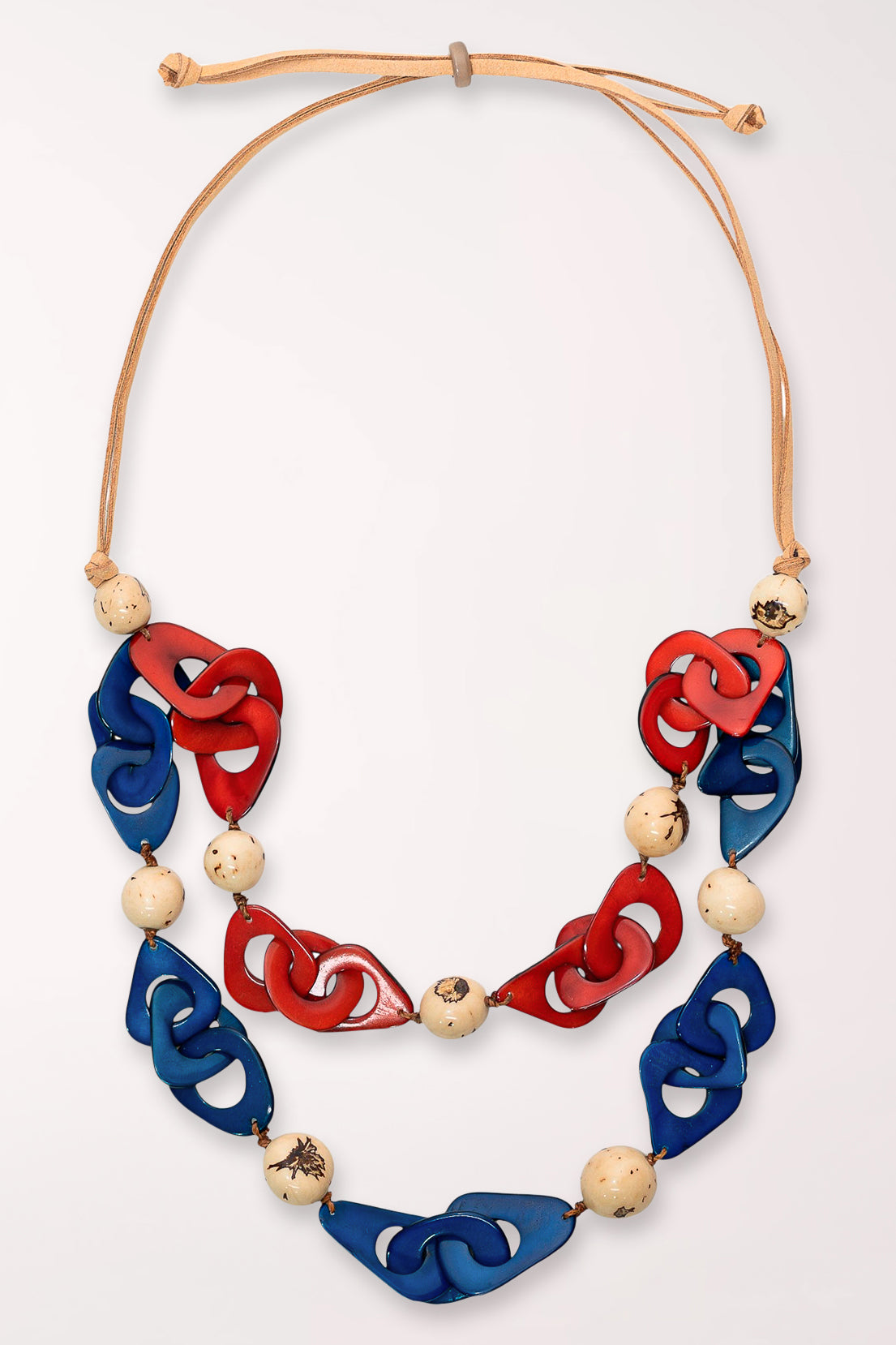 Necklace with red, blue, and beige floral-shaped beads on a white background