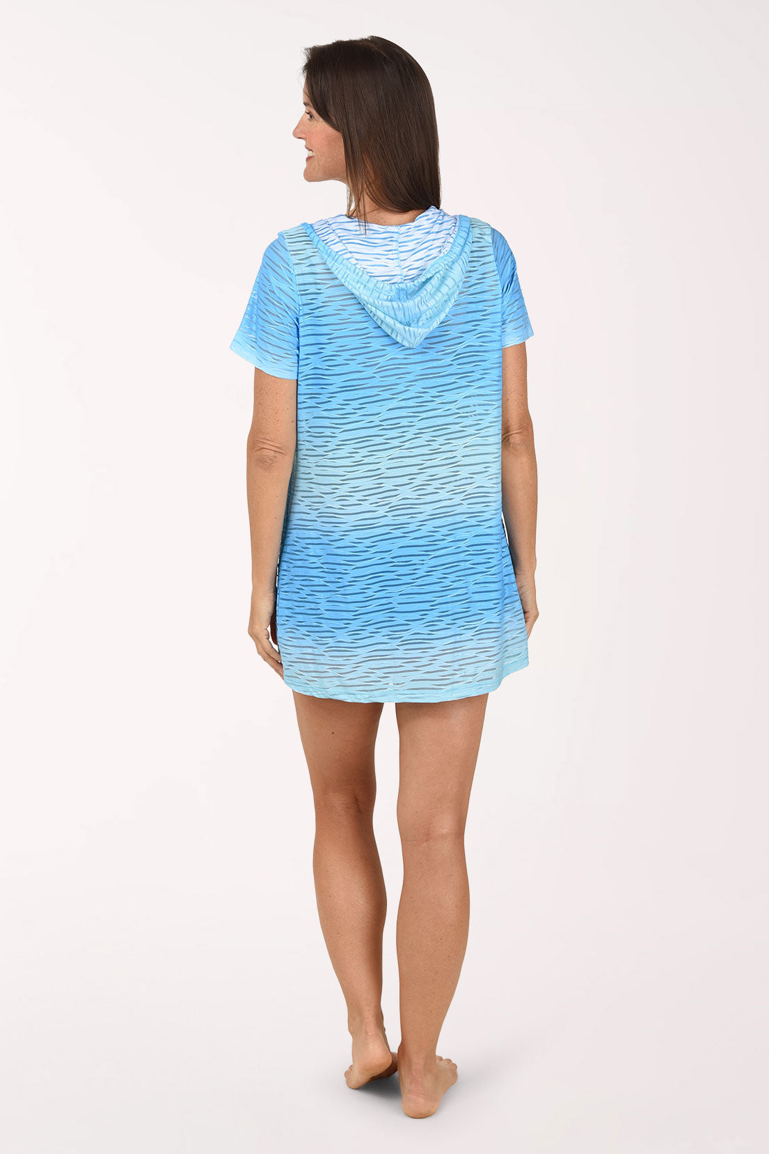 A back view of the aqua ombre wave mesh short sleeve zip hoodie cover-up showing the hood.