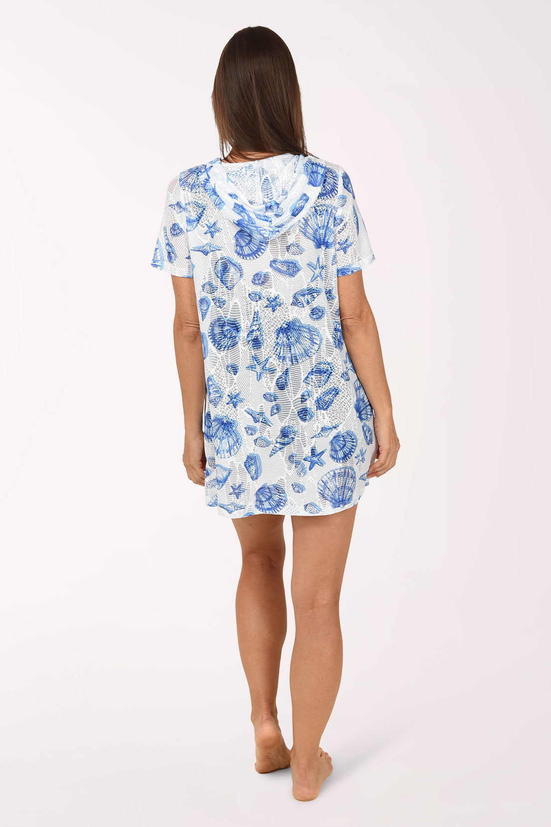 A back view of the blue seashell print zip hoodie cover-up showing the hood.