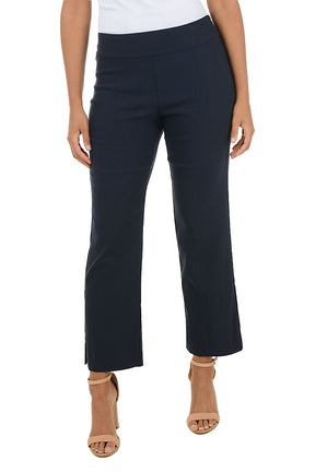 Navy blue pants worn by a person on a white background