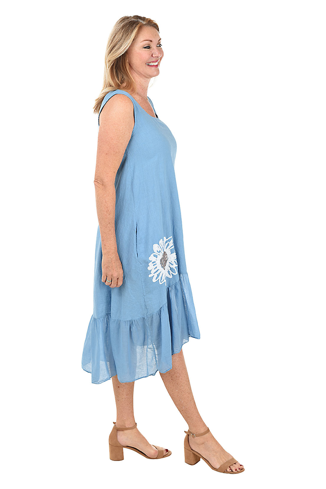 Sequin Sunflower High-Low Linen Dress
