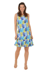 Turquoise Monstera Textured Knit Sleeveless Flounce Dress