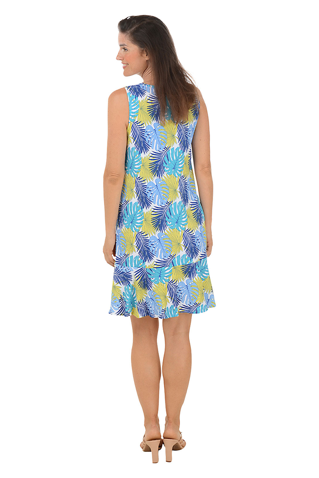 Turquoise Monstera Textured Knit Sleeveless Flounce Dress