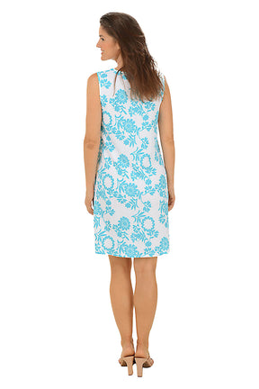 Turquoise Botanical Textured Knit Seamed Sleeveless Dress