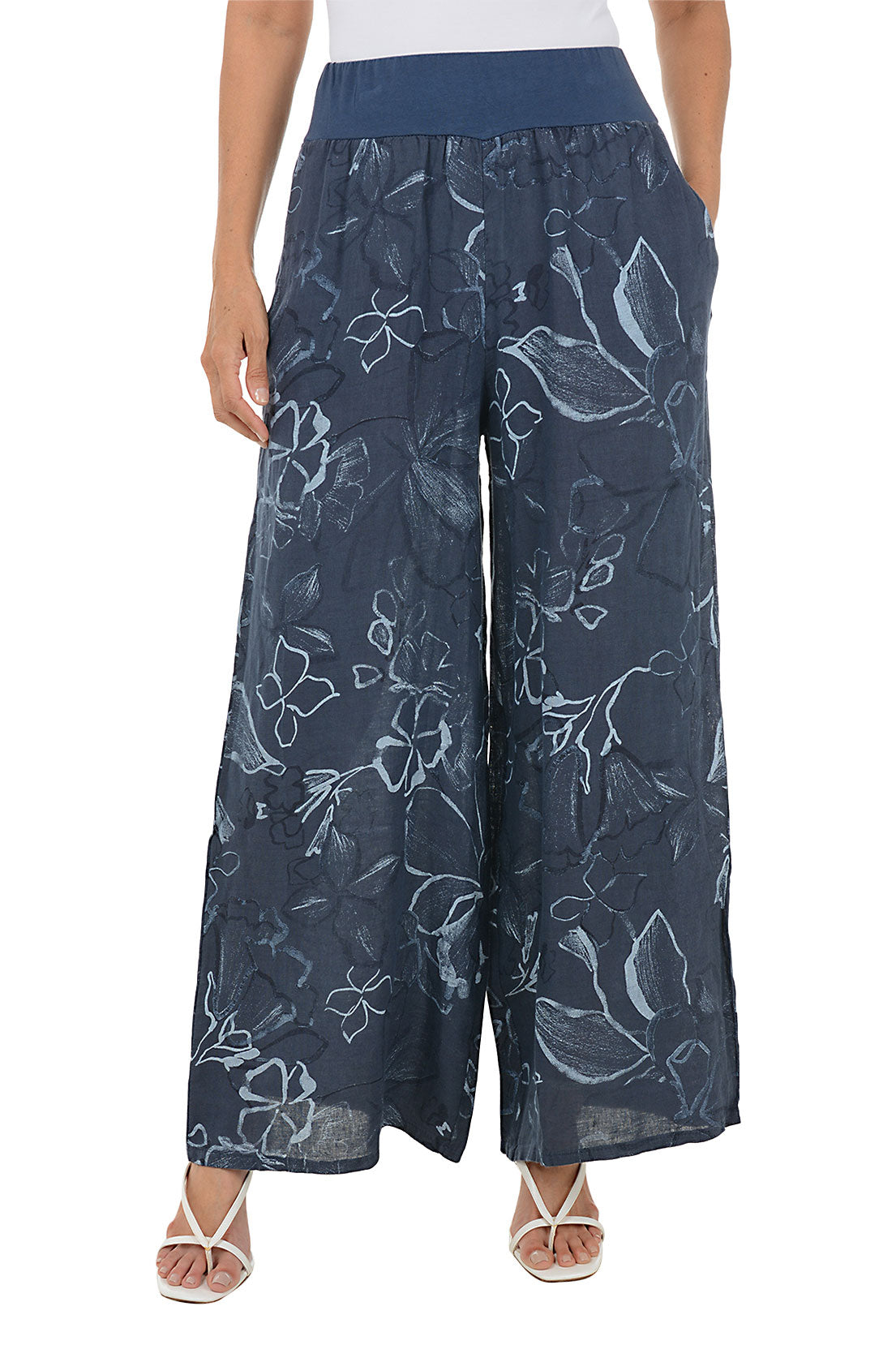 Navy Floral Linen Palazzo Pant