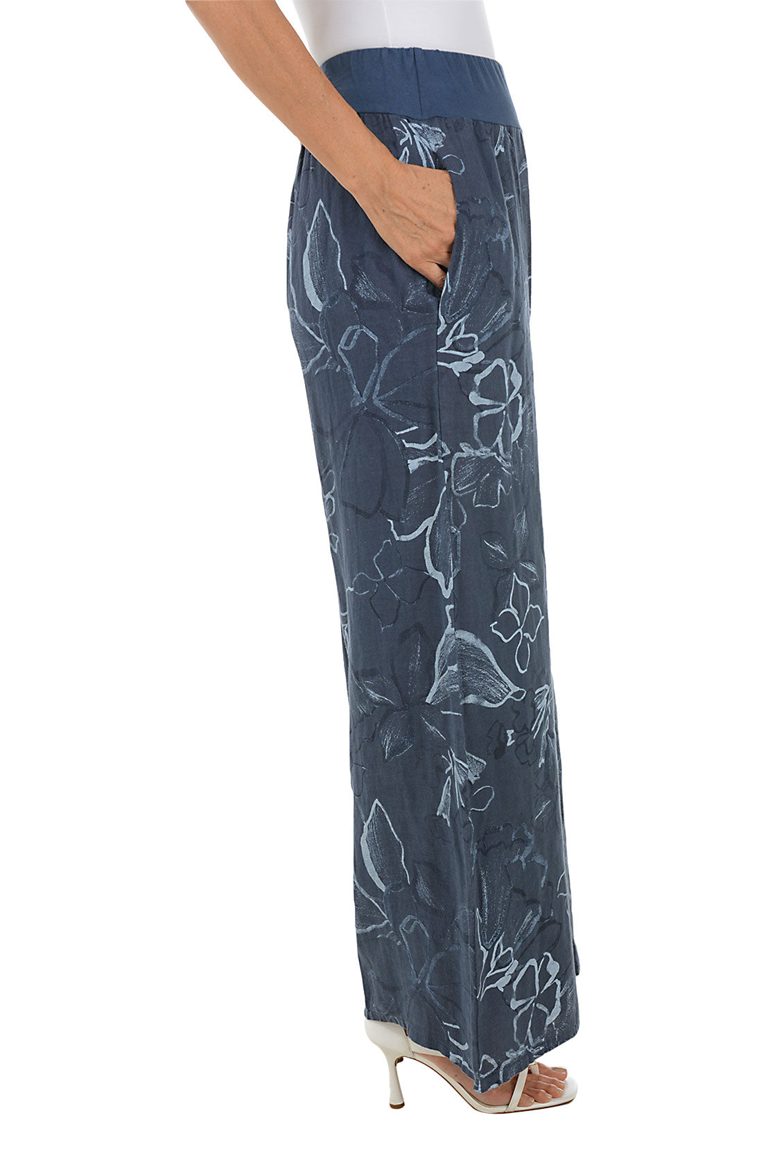 Navy Floral Linen Palazzo Pant