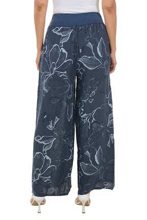 Navy Floral Linen Palazzo Pant