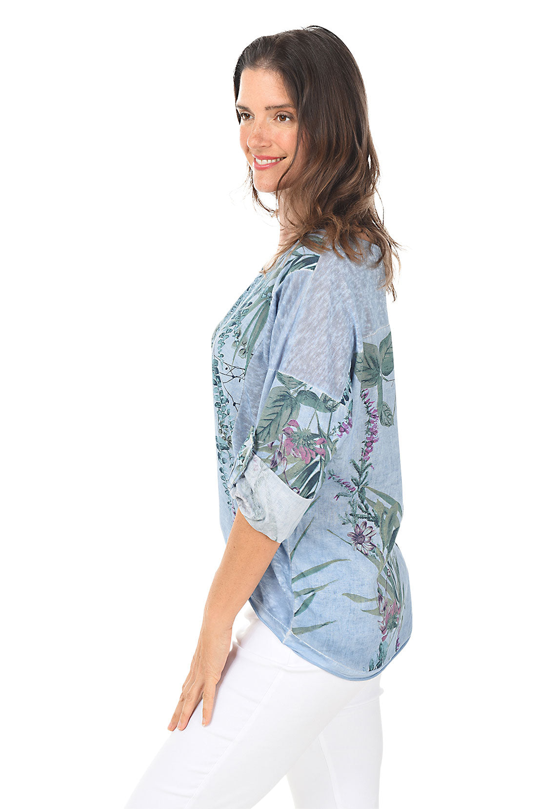Chambray Sage Roll-Tab Linen Blouse