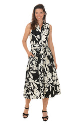 Monochrome Floral Sleeveless Button-Front Dress
