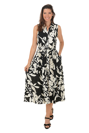 Monochrome Floral Sleeveless Button-Front Dress