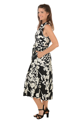 Monochrome Floral Sleeveless Button-Front Dress