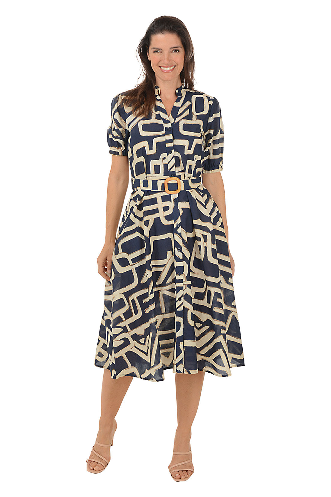 Geometric Belted Button-Front Dress