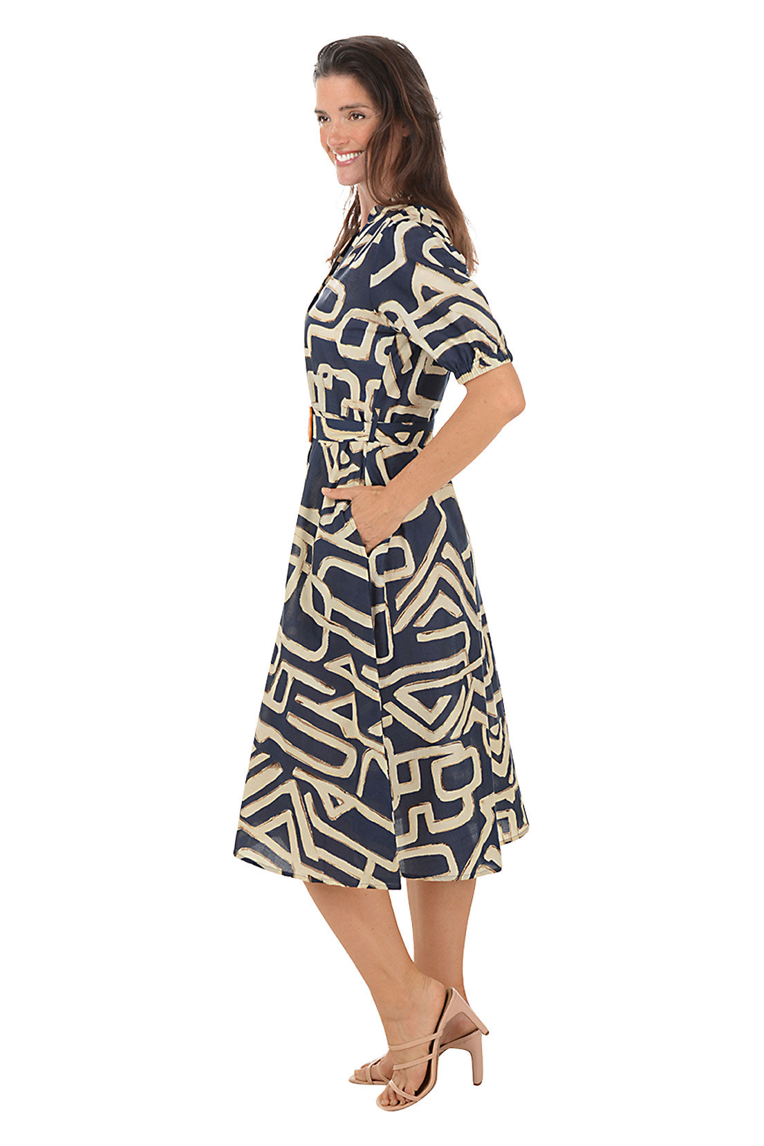 Geometric Belted Button-Front Dress