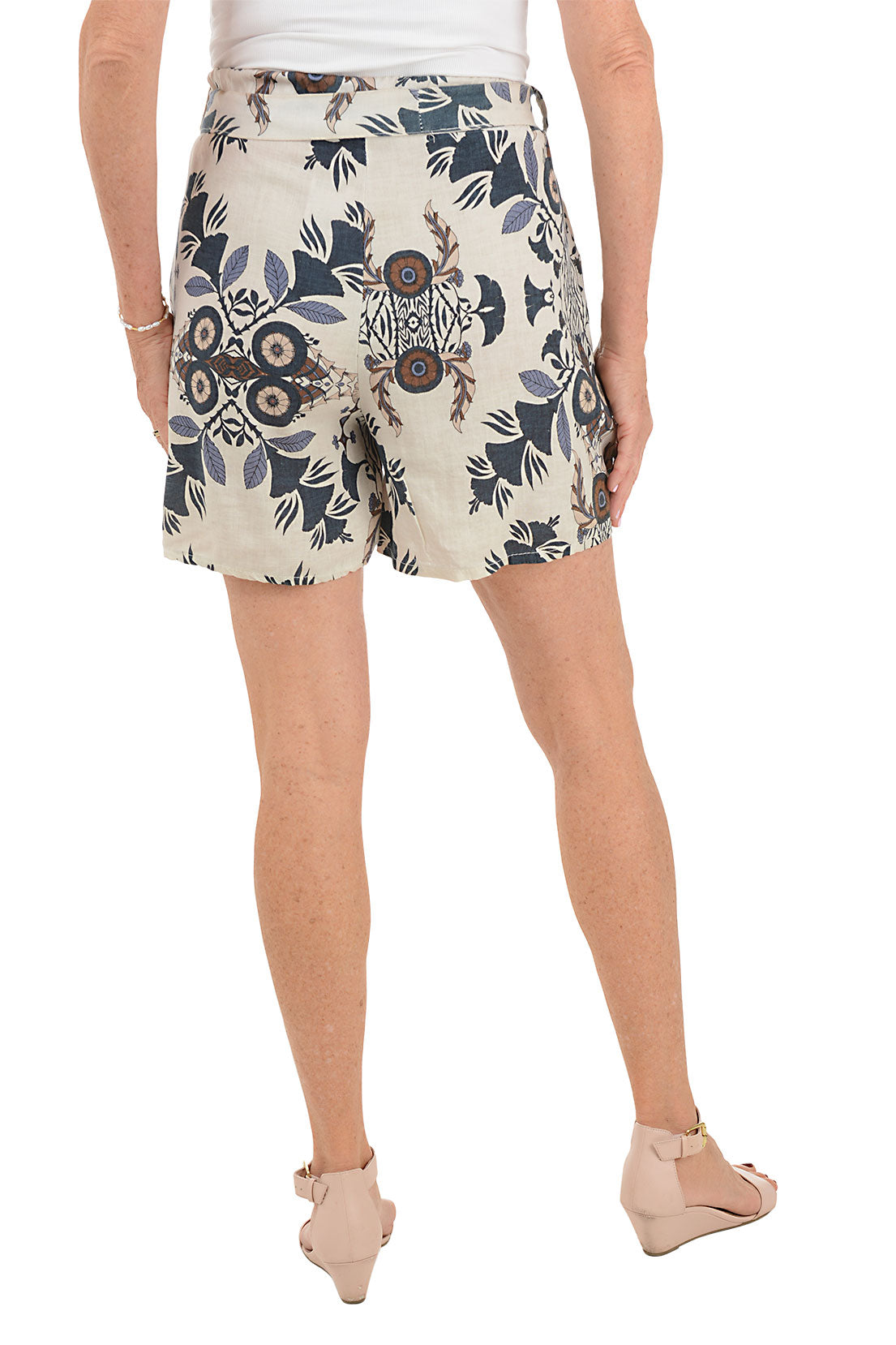 Blue Exotic Patterned Linen Belted Short