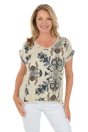 Blue Exotic Patterned V-Neck Linen Tee