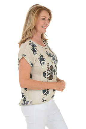 Blue Exotic Patterned V-Neck Linen Tee