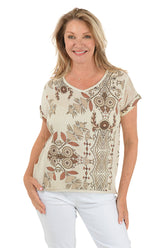 Natural Exotic Patterned V-Neck Linen Tee