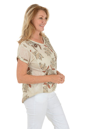 Natural Exotic Patterned V-Neck Linen Tee