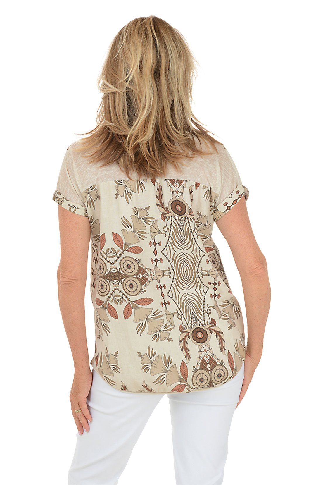 Natural Exotic Patterned V-Neck Linen Tee