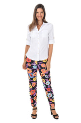 Full length  photo of model in black multi colored floral pants