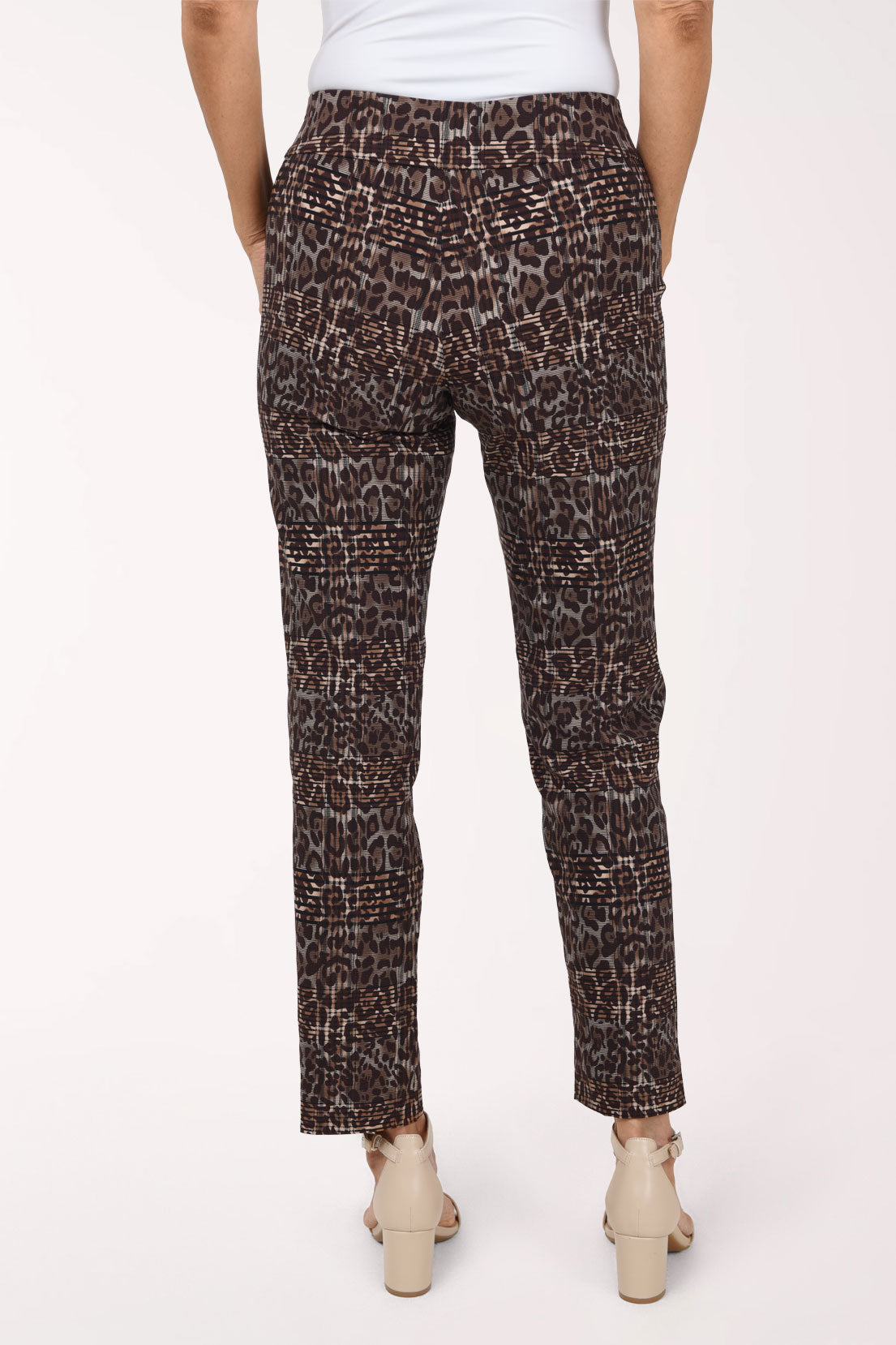 Women wearing a brown leopard plaid pull-on ankle pant 