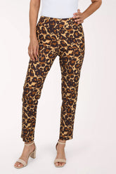 Women wearing a brown animal printed pull-on ankle pants