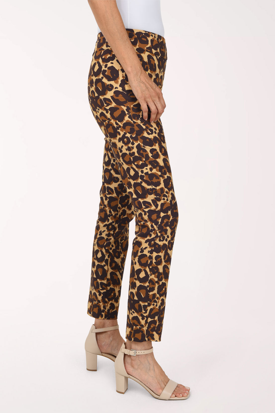 Women wearing a brown animal printed pull-on ankle pants