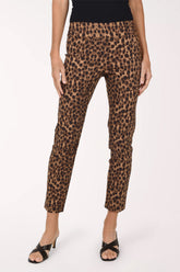 Women wearing a brown leopard pull-on ankle pant 
