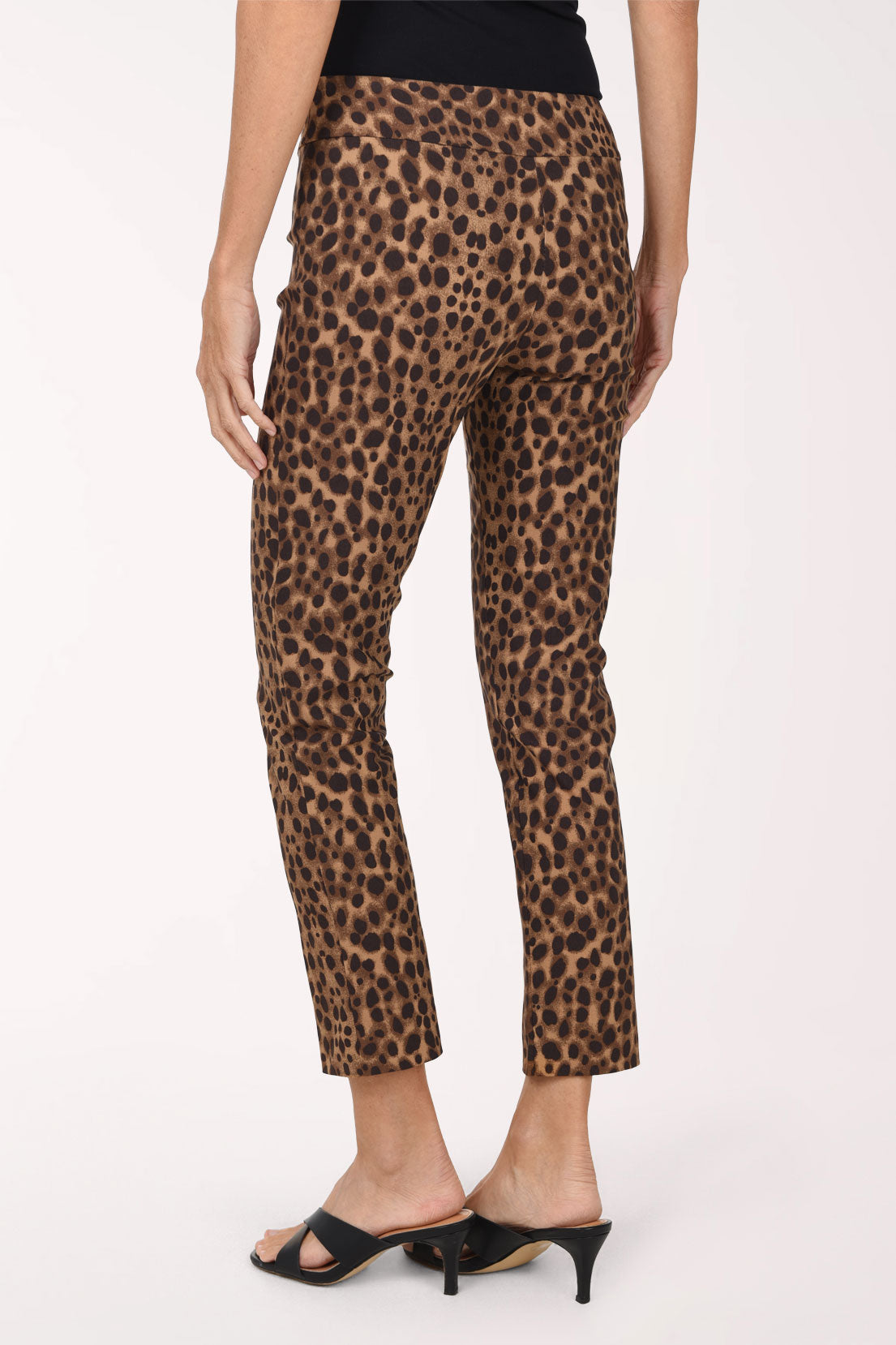 Women wearing a brown leopard pull-on ankle pant 