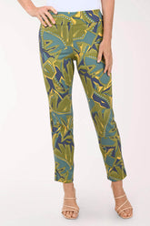 Green and blue patterned pants worn by a person on a white background